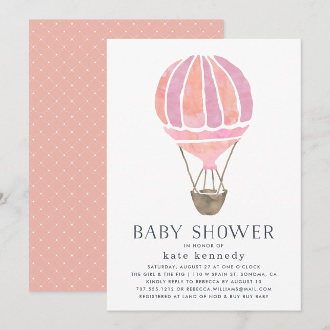 Invitation À l'invitation du Baby shower aérien | Rose (Devant / Derrière)