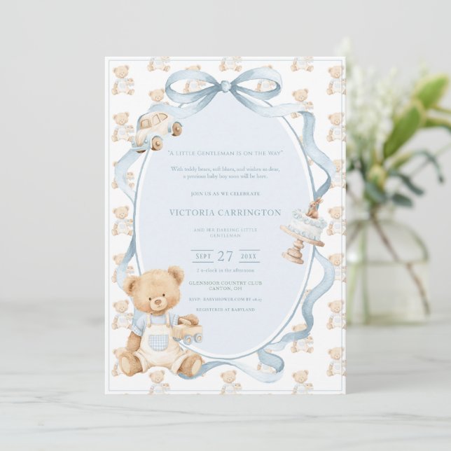Invitation A Little Gentleman Blue Boy Bear Baby  (Debout devant)