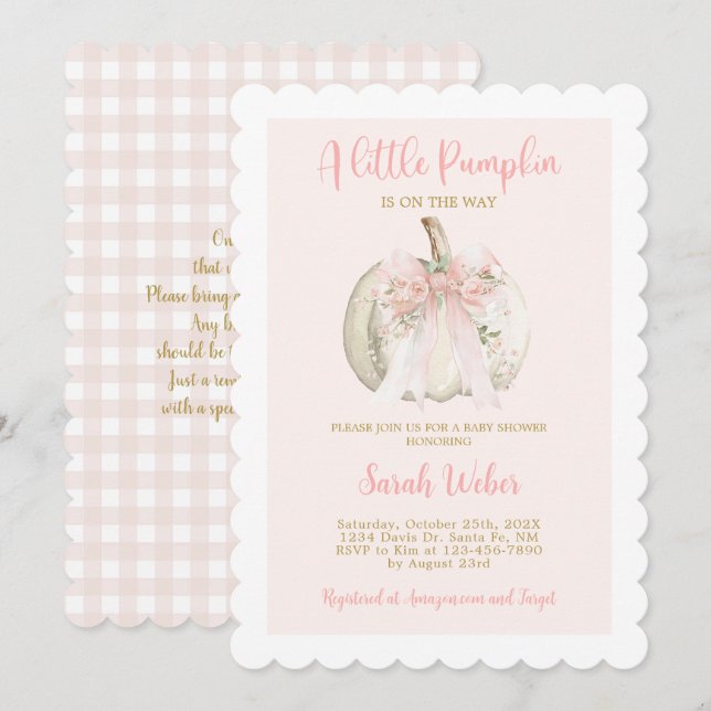 Invitation A little pumpkin gingham fall baby shower girl (Devant / Derrière)
