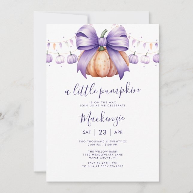 Invitation A Little Pumpkin Purple Baby Shower (Devant)