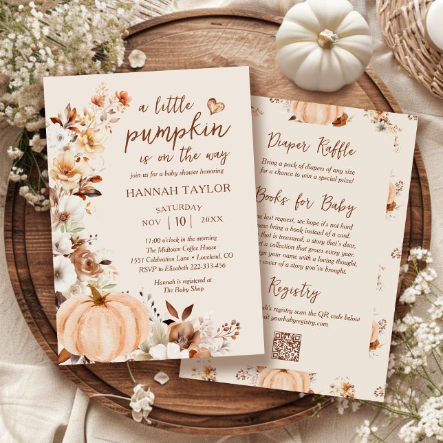 Invitation A Little Pumpkin QR Code Fall Floral Baby Shower (Créateur téléchargé)