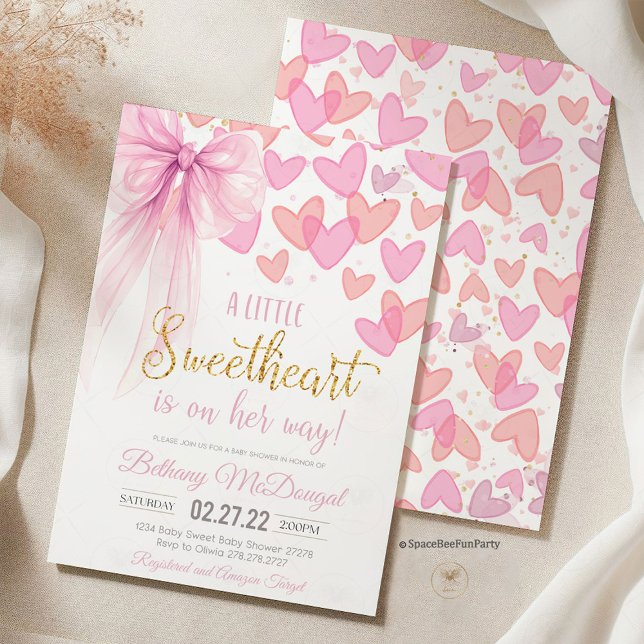 Invitation A Little Sweetheart Valentine Baby Is on her way  (sweetheart baby shower bow, valentine's  day ,baby shower invitation, birthday, valentine's party, h)