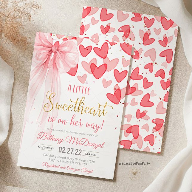 Invitation A Little Sweetheart Valentine Baby Is on her way  (sweetheart baby shower bow, valentine's  day ,baby shower invitation, birthday, valentine's party, h)