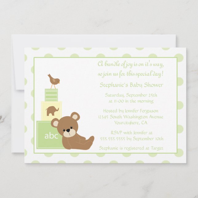 Invitation à l'ours en peluche et à l'baby shower  (Devant)