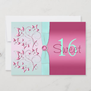 Invitation à l'Sweet sixteen floral rose et aqua