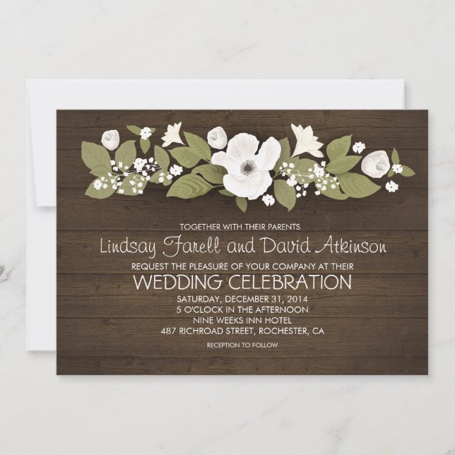 invitation à mariage à fleurs en bois rustique (Devant)