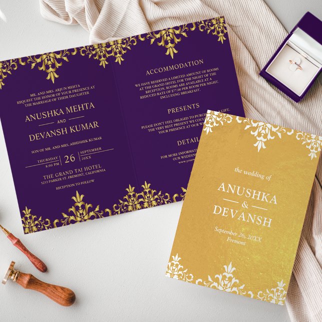 Invitation à Mariage damassé de style indien viole (Créateur téléchargé)