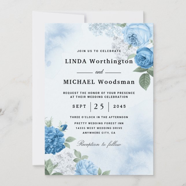 invitation à mariage florale bleu aquarelle (Devant)
