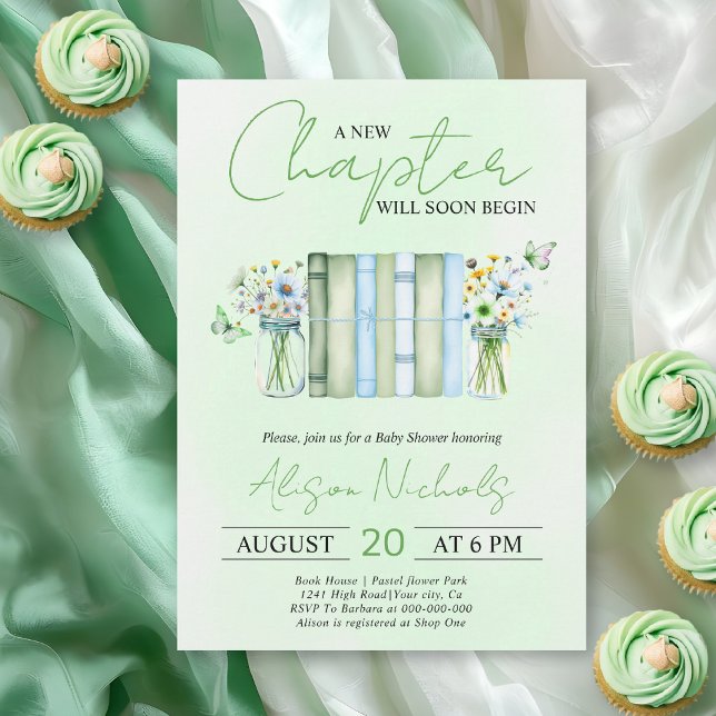 Invitation A New Chapter Begins neutral green baby shower (Créateur téléchargé)
