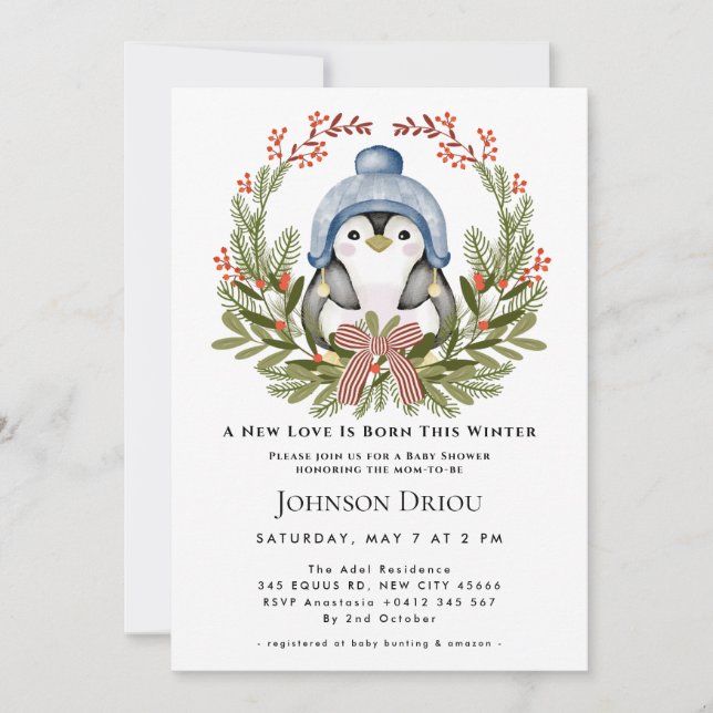 Invitation A New Love Is Born This Winter Winter Penguin Baby (Devant)