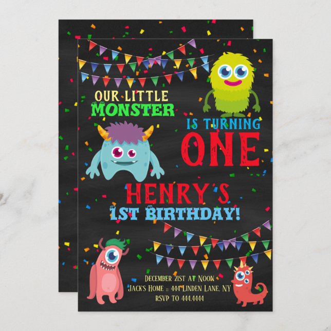 Invitation Ă?re fête d'anniversaire de monstre (Devant / Derrière)