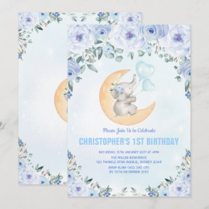 Invitation Ă?re fête d'anniversaire d'éléphant floral bleu