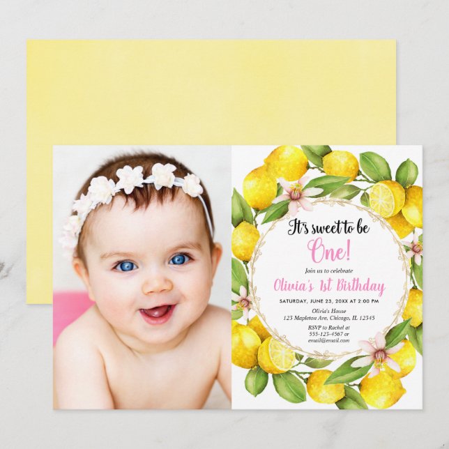 Invitation Ă?re photo de fille d'anniversaire de citron rose (Devant / Derrière)