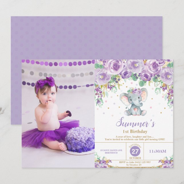 Invitation Ă?re photo de fille d'anniversaire d'éléphant (Devant / Derrière)