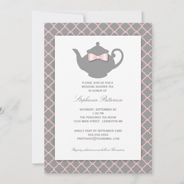 Invitation à thé Mariage rose + gris Quatrefoil (Devant)