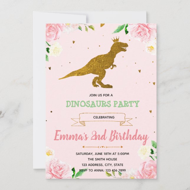 Invitation à thème pour dinosaures filles (Devant)