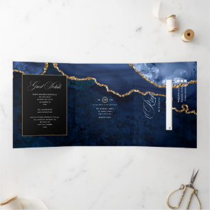 Invitation à trois volets Mariage d'âge bleu et or