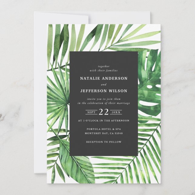 Invitation à un mariage avec une feuille tropicale (Devant)