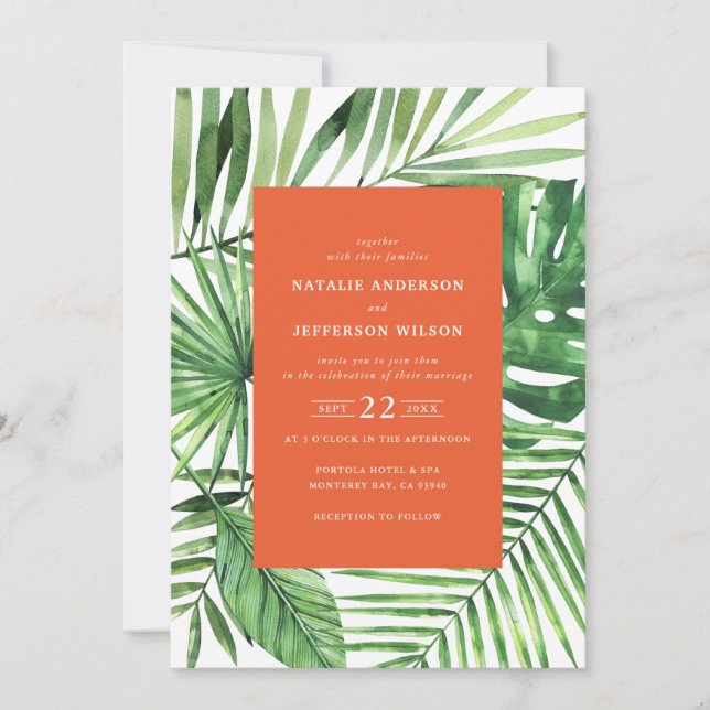 Invitation à un mariage avec une feuille tropicale (Devant)