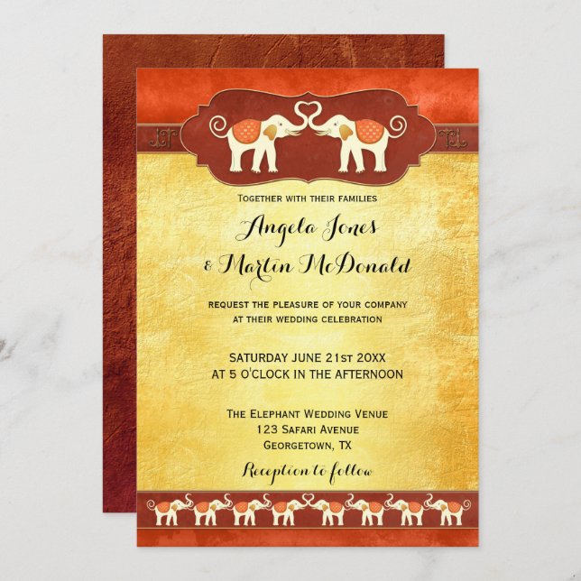 Invitation à un mariage d'éléphants blancs indiens (Devant / Derrière)