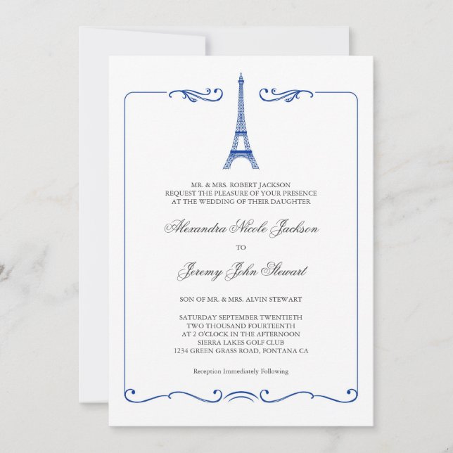 Invitation à un mariage élégant dans la Tour Eiffe (Devant)