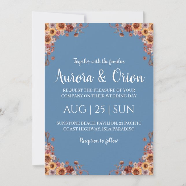 invitation à un mariage en terre cuite et bleu pou (Devant)