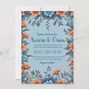 invitation à un mariage en terre cuite et bleu pou
