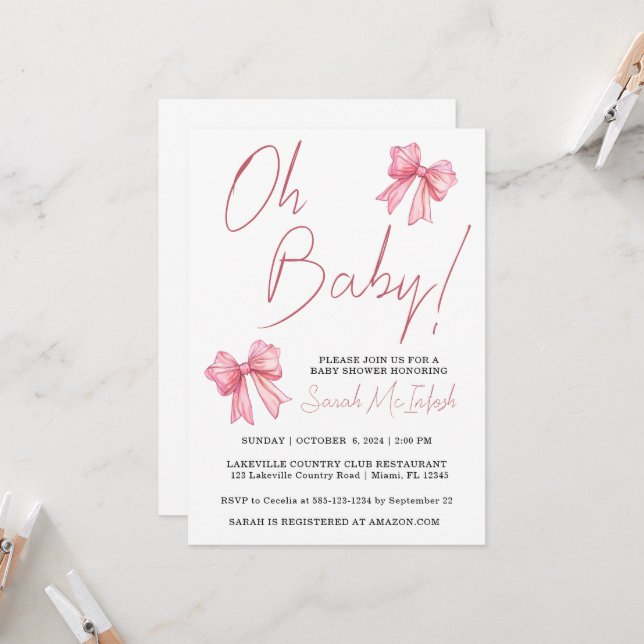 Invitation à une Baby Shower avec un Nœud Rose (Devant/Arrière en situation)