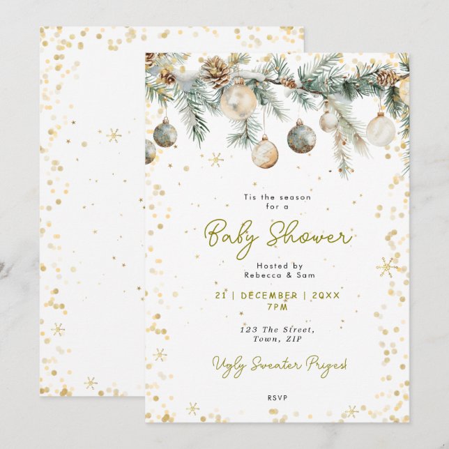 Invitation à une baby shower boules de Noël (Devant / Derrière)