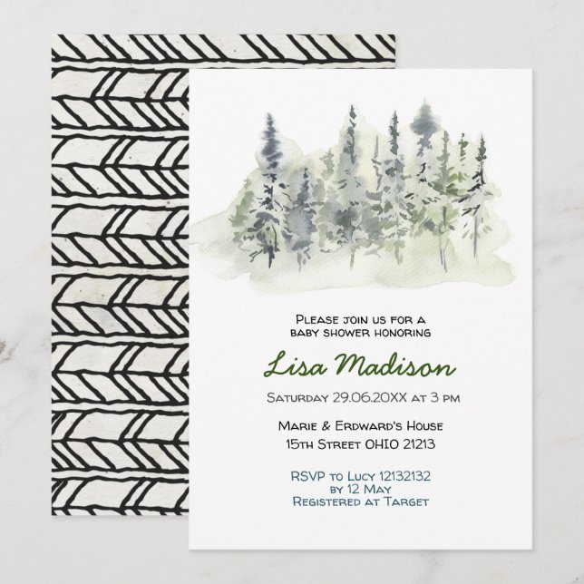 Invitation à une baby shower en forêt boisée  (Devant / Derrière)