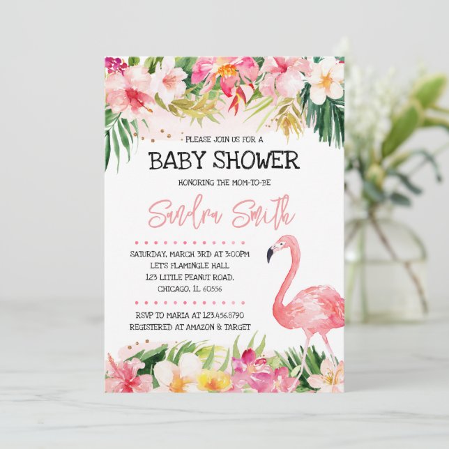 Invitation à une Baby Shower Flamant Rose (Debout devant)