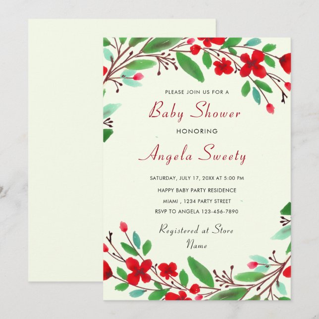 Invitation à une Baby Shower Fleurs Aquarelle (Devant / Derrière)