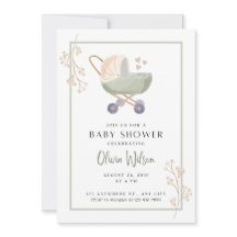 invitation à une baby shower fleurs vertes landau