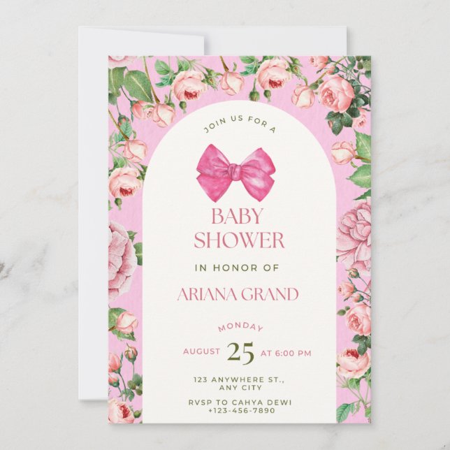 Invitation à une Baby Shower Florale Rose – Modèle (Devant)