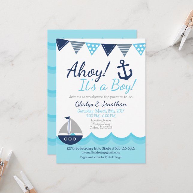 Invitation à une Baby Shower Marin pour un Petit G (Devant/Arrière en situation)