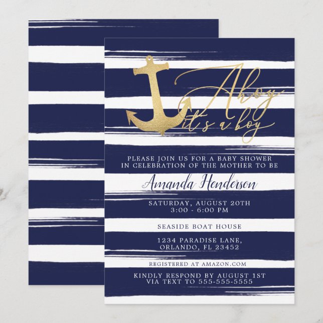 Invitation à une Baby Shower Nautique 'Ahoy C'est  (Devant / Derrière)