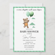 Invitation à une Baby Shower Neutre Ourson Vert Ba