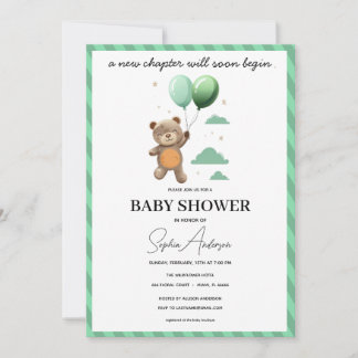 Invitation à une Baby Shower Neutre Ourson Vert Ba