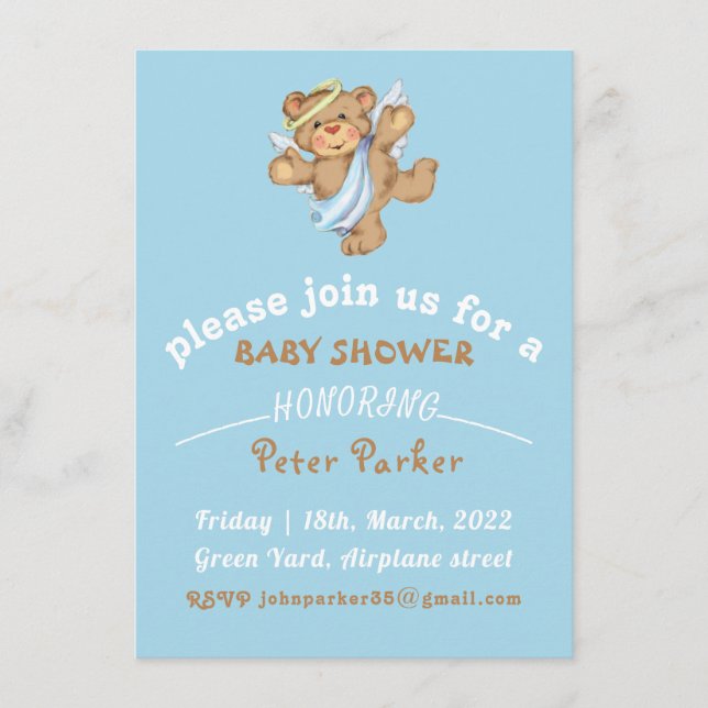 Invitation à une Baby Shower ourson marron bleu (Devant)