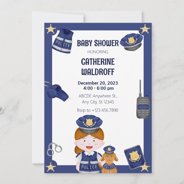 Invitation à une baby shower pour fille de policie (Devant)