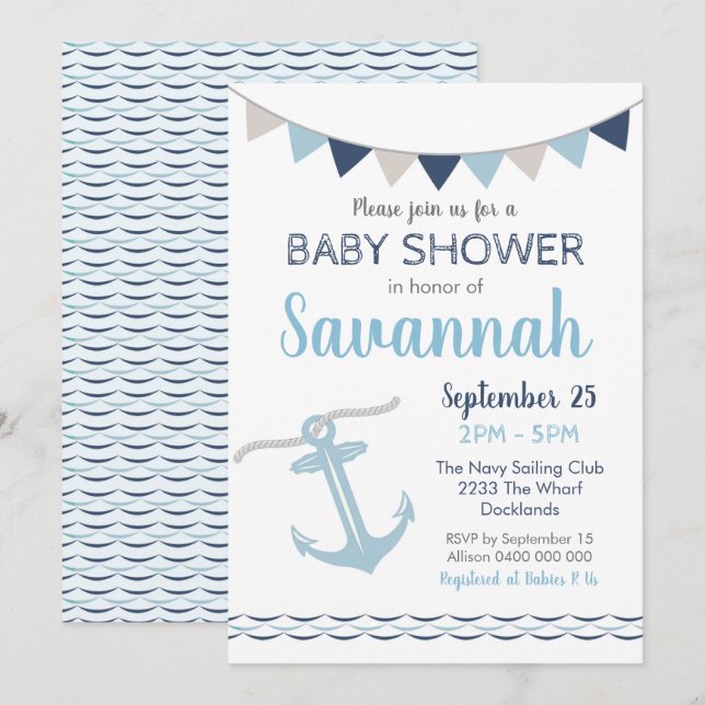 Invitation à une Baby Shower sur le thème Nautique (Devant / Derrière)