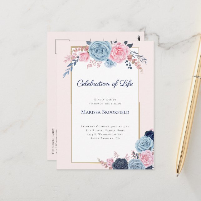 Invitation à une célébration de vie avec fleurs po (Devant/Arrière en situation)