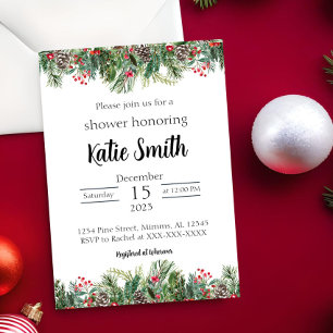 Invitation à une douche de Noël avec pin et houx