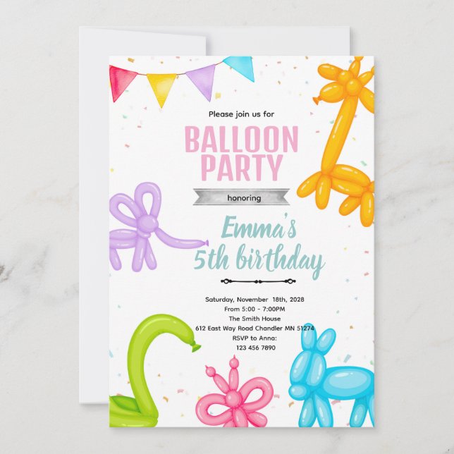 Invitation à une fête avec des animaux en ballons (Devant)