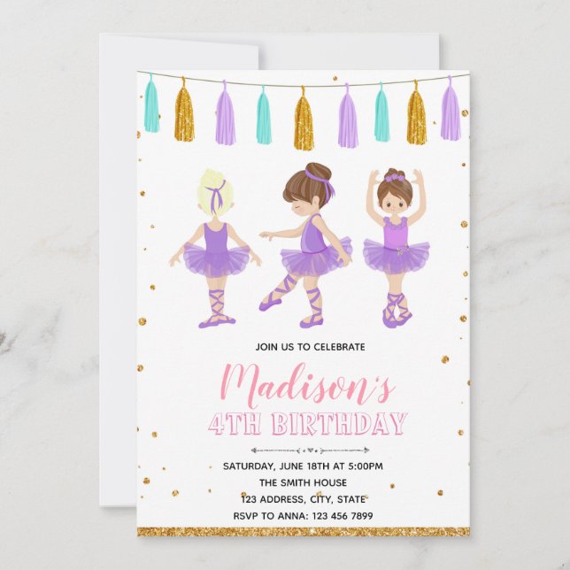 Invitation à une fête d'anniversaire de ballerine  (Devant)