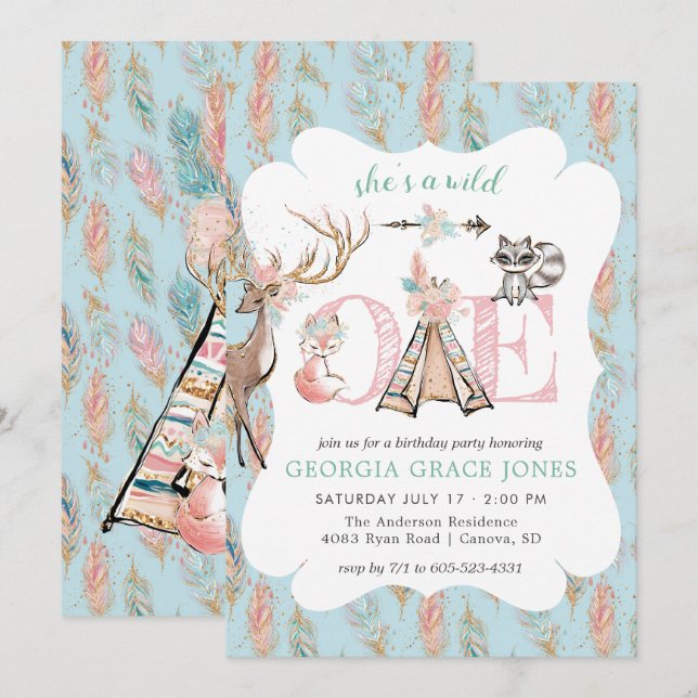 Invitation à une fête d'anniversaire de Girly Boho (Devant / Derrière)