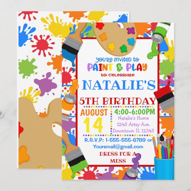 Invitation à une fête d'anniversaire de peinture a (Devant / Derrière)