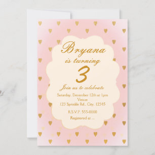 Invitation à une fête d'anniversaire Gold Hearts &