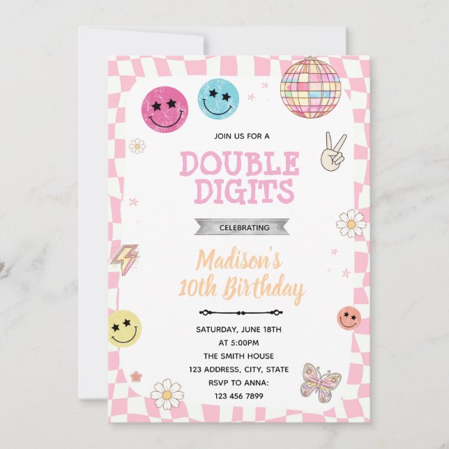 Invitation à une fête d'anniversaire Groovy Double (Devant)