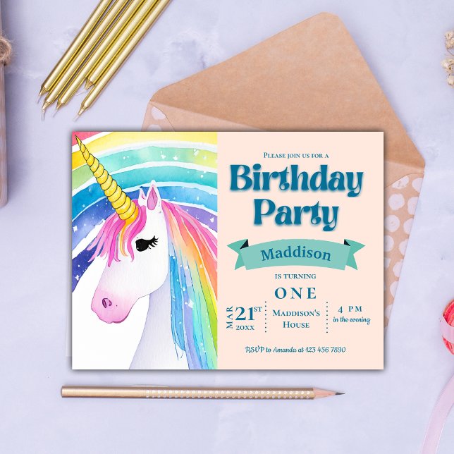 Invitation à une fête d'anniversaire Rainbow Kids  (Rainbow Kids Unicorn 1st Birthday Party Invitation Postcard)